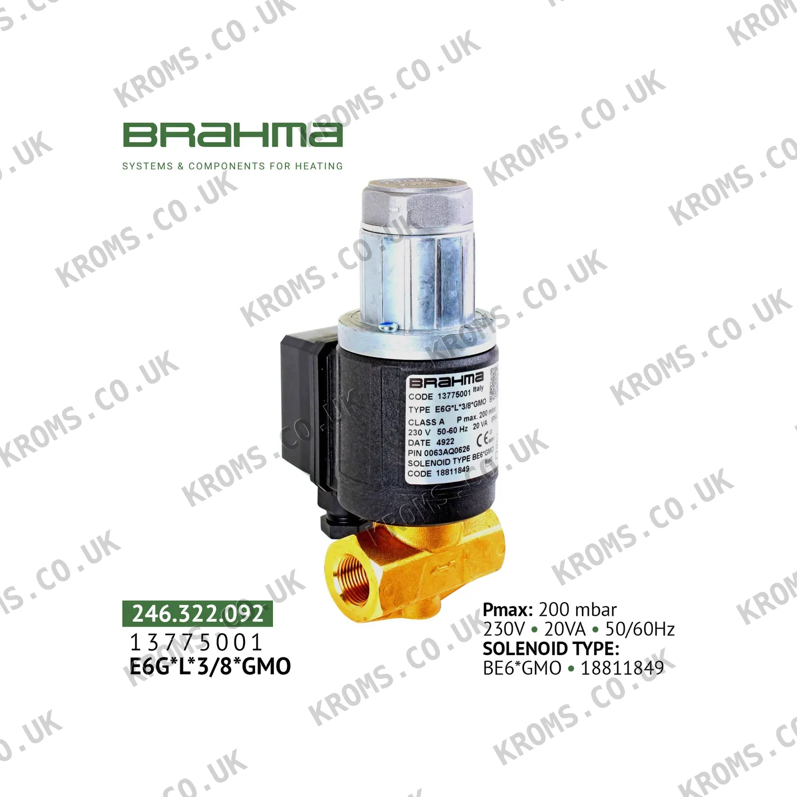 Brahma Gas solenoid valve E6G*L*3/8*GMO 13775001